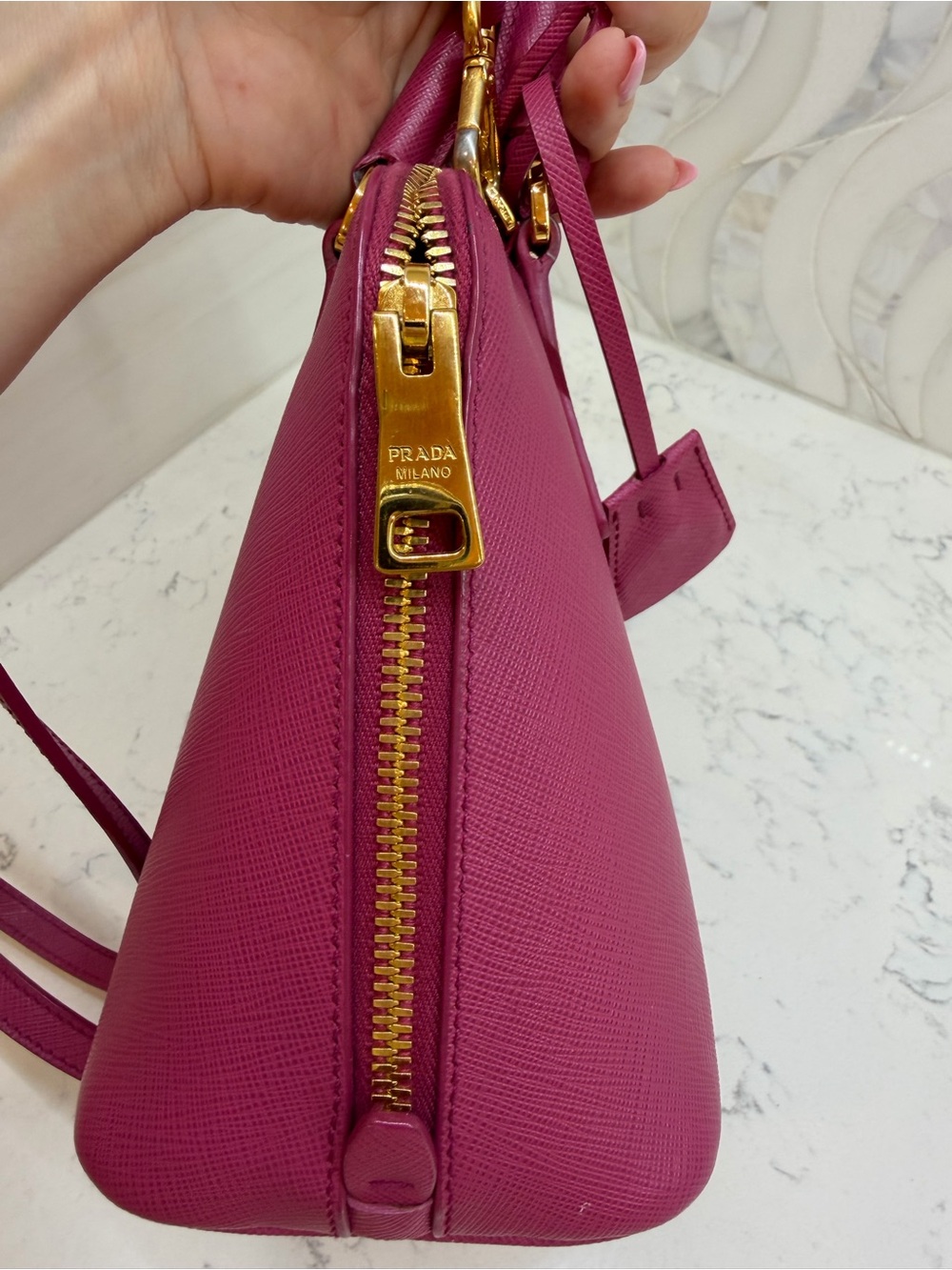 Prada Magenta Saffiano Mini Pyramid Bag with Gold Hardware. Excellent pre-loved. - Picture 14 of 15